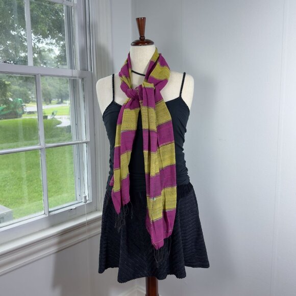 Vintage Mustard Yellow and Pink Striped Scarf with Black Fringe Boho Chic Hippie - Picture 1 of 6